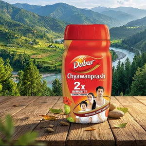 Dabur Chyawanprash 2x Immunity supplement bottle with a scenic background