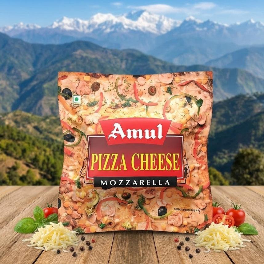 Amul Pizza Cheese Mozzarella packaging with a mountainous landscape in the background