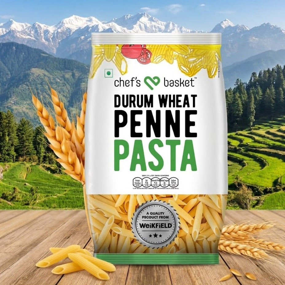 Packaging of chef's basket Durum Wheat Penne Pasta with a scenic background