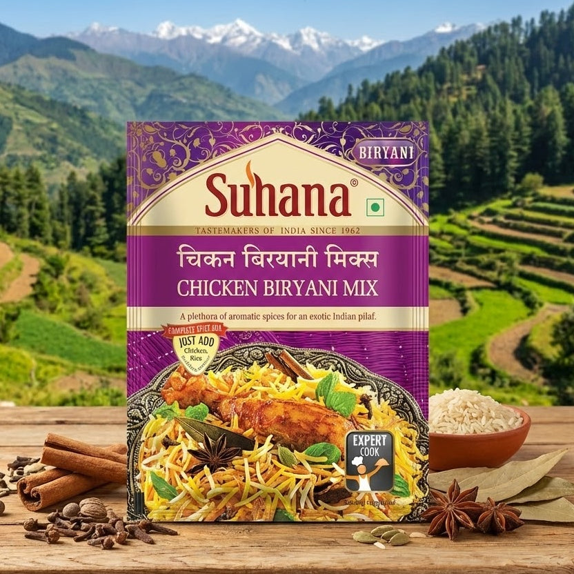 Suhana Chicken Biryani Mix package with a scenic background of mountains and fields.