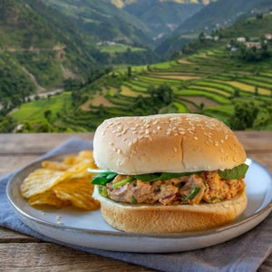 Sandwich on a plate with chips against a scenic mountain backdrop