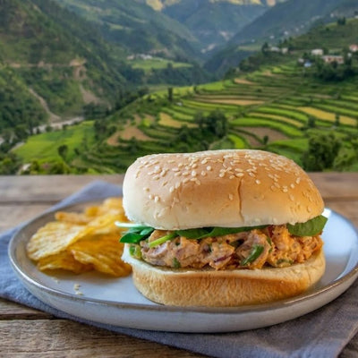 Sandwich on a plate with chips against a scenic mountain backdrop