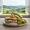 Sandwich cut in half on a plate with a scenic view outside