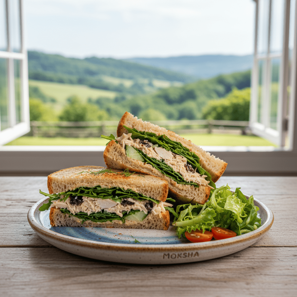 Sandwich cut in half on a plate with a scenic view outside