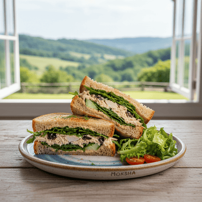 Sandwich cut in half on a plate with a scenic view outside