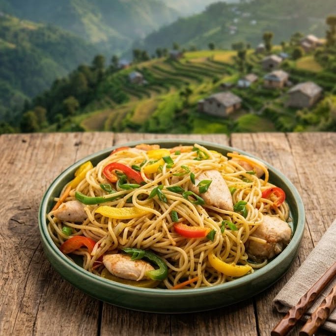 Plate of pasta with vegetables on a wooden table with a mountainous landscape in the background