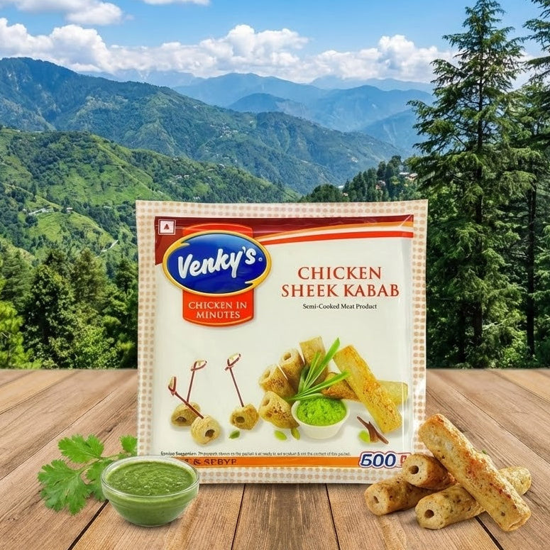 Venky's Chicken Sheek Kabab package on a wooden table with a scenic mountain background