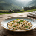 Pasta dish on a plate with a scenic mountain view in the background
