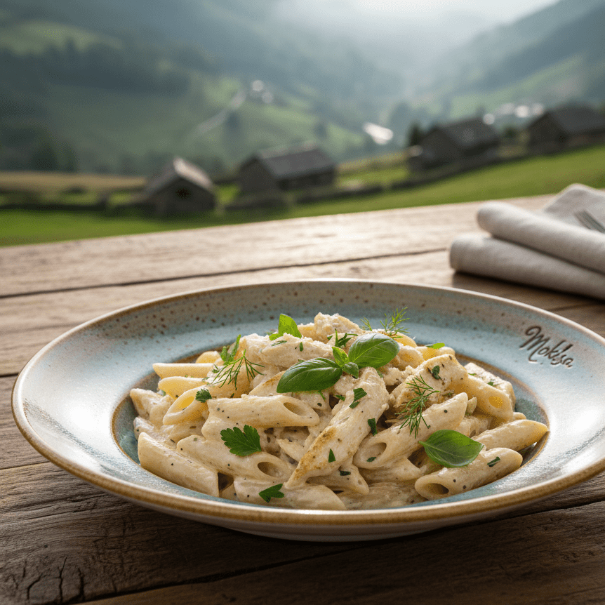 Pasta dish on a plate with a scenic mountain view in the background