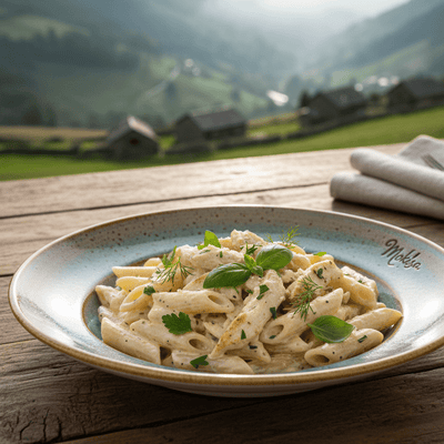 Pasta dish on a plate with a scenic mountain view in the background