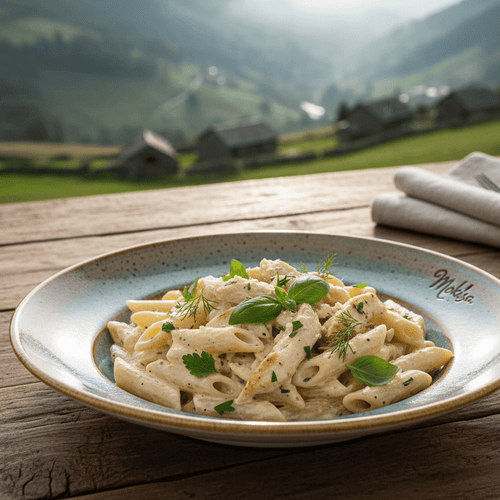 Pasta dish on a plate with a scenic mountain view in the background