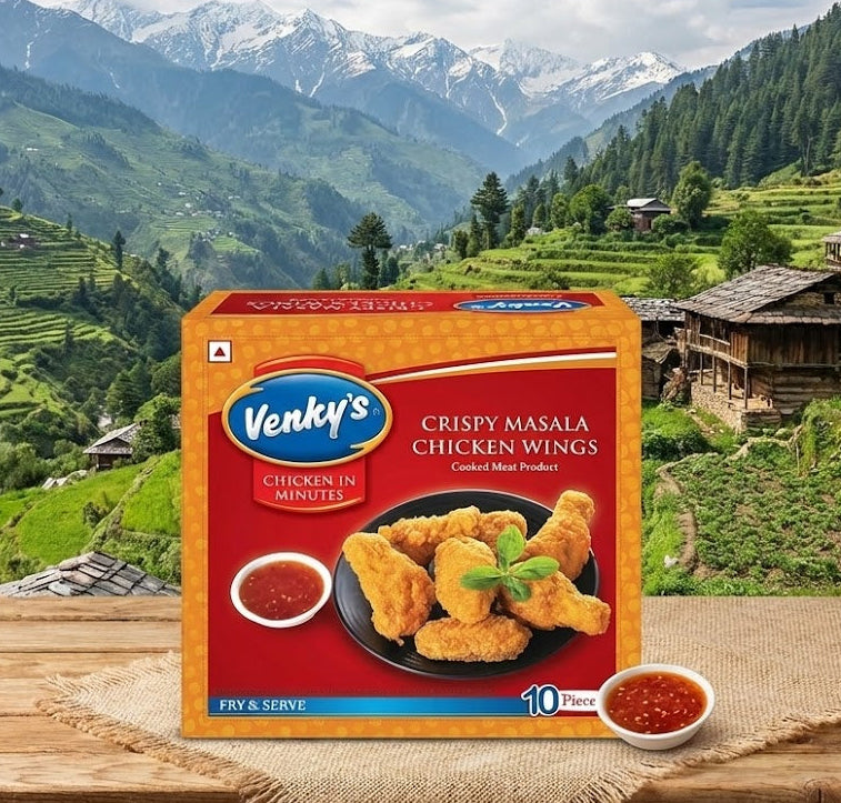 Venky's Crispy Masala Chicken Wings packaging with a scenic mountain background