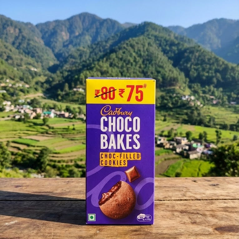 Cadbury Choco Bakes box with a scenic mountain background