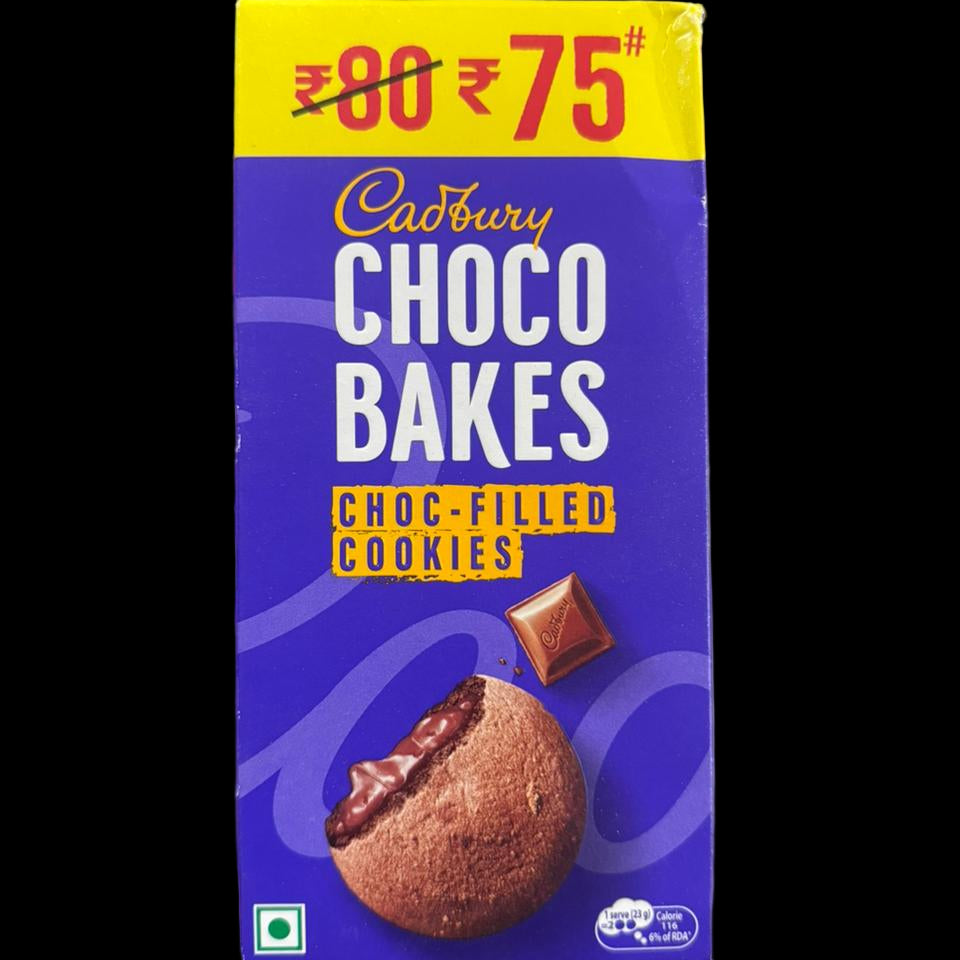 Cadbury Choco Bakes packaging with a discount label held by a person.