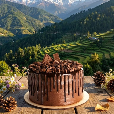 Chocolate cake with mountains in the background