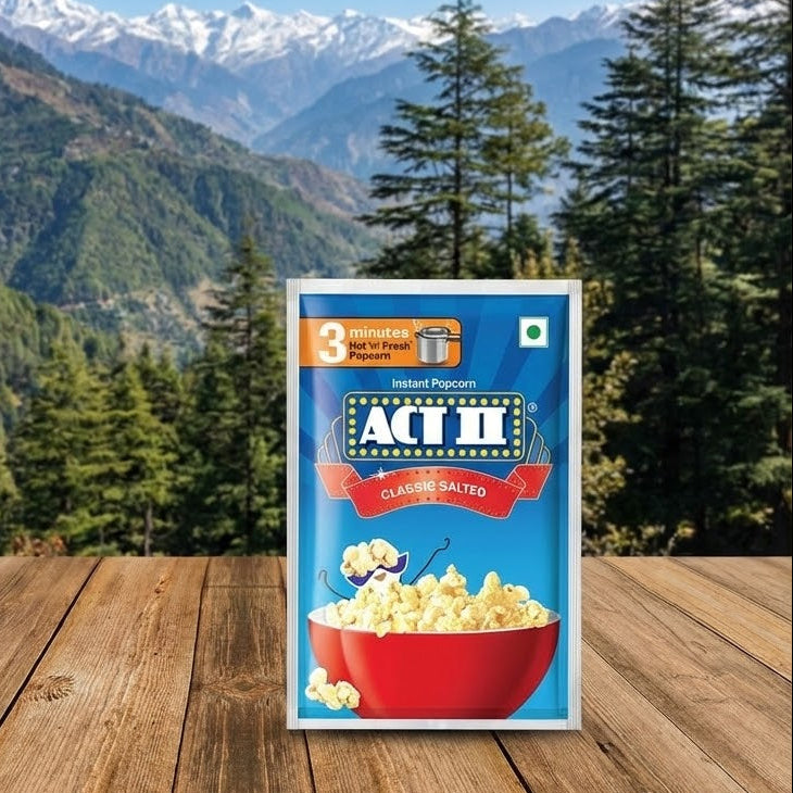 Act II popcorn package on a wooden table with a mountainous landscape in the background