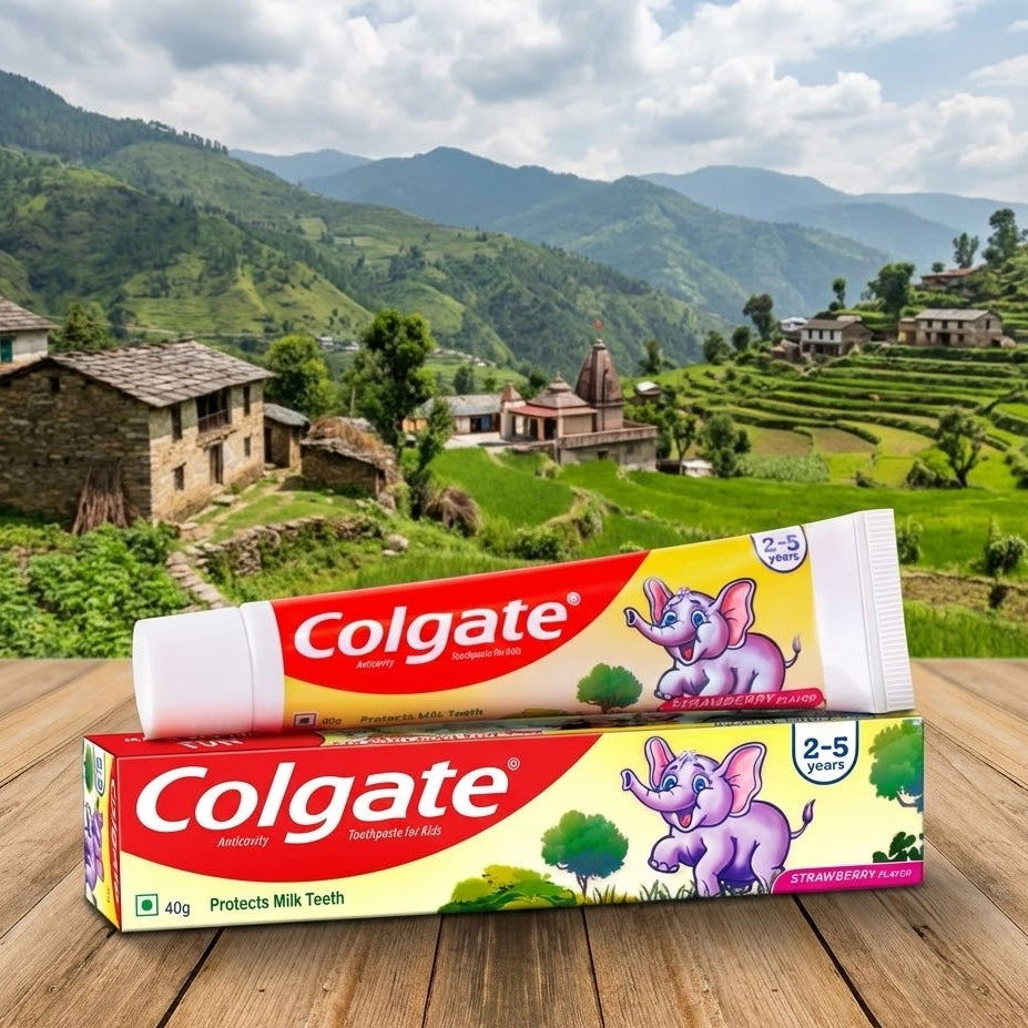 Colgate toothpaste packaging with a scenic background of mountains and village.
