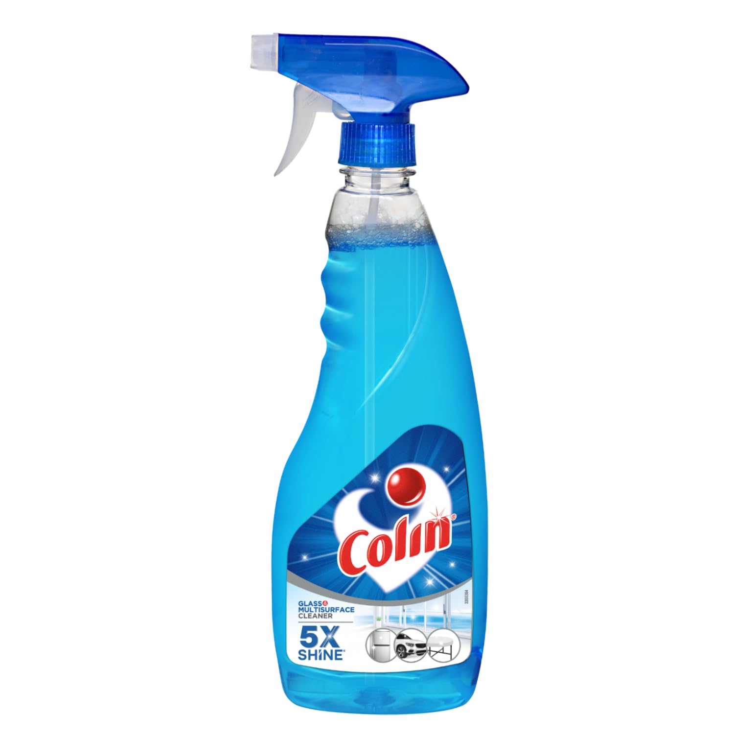 Blue spray bottle with Colin logo on a white background