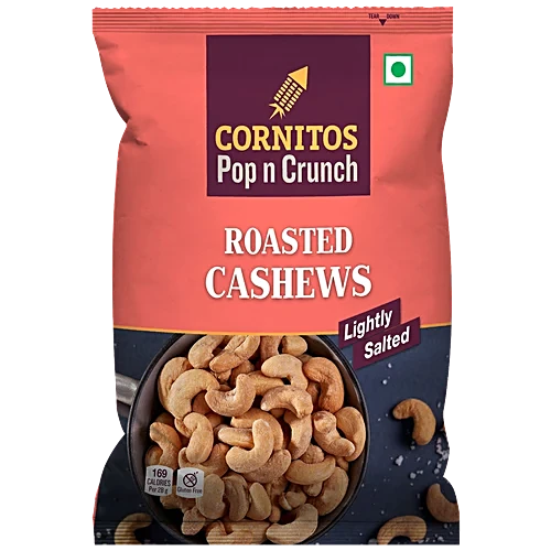 Cornitos Pop n Crunch roasted cashews packaging on a white background