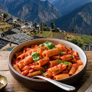 Bowl of pasta with a scenic mountain view in the background
