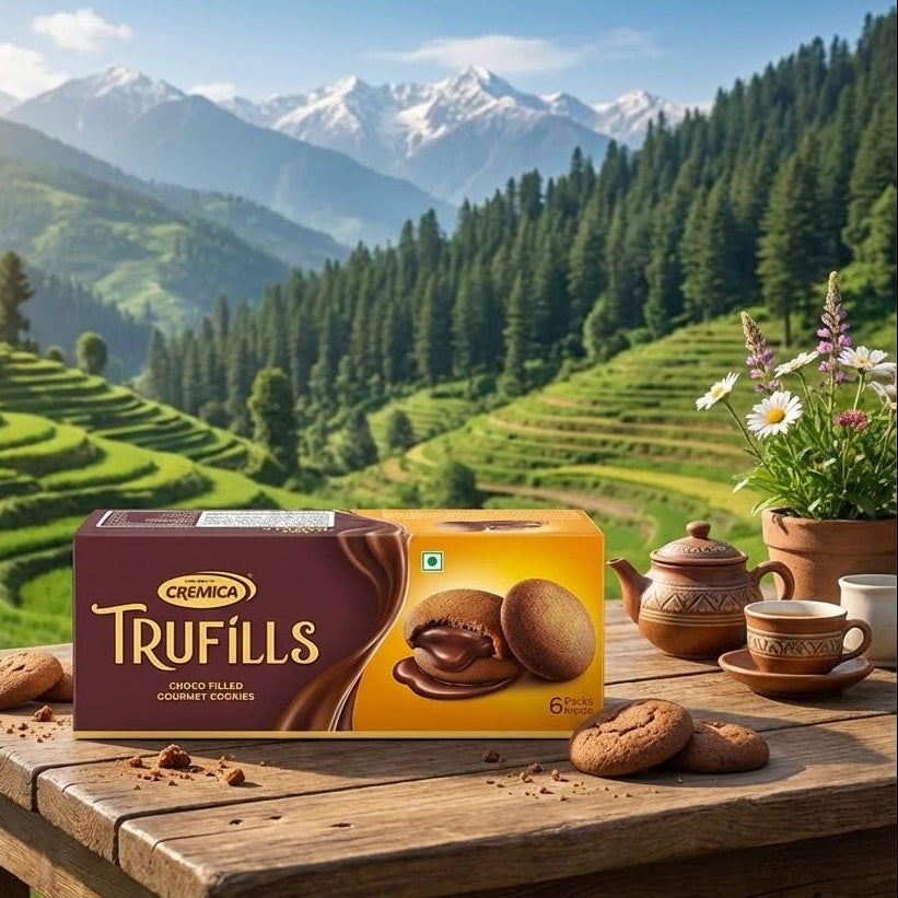 Cremica Truffles packaging on a wooden table with a scenic mountain background