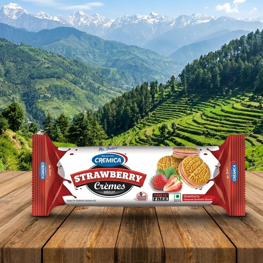 Cremaic Strawberry Creèmes bar with a scenic mountain background