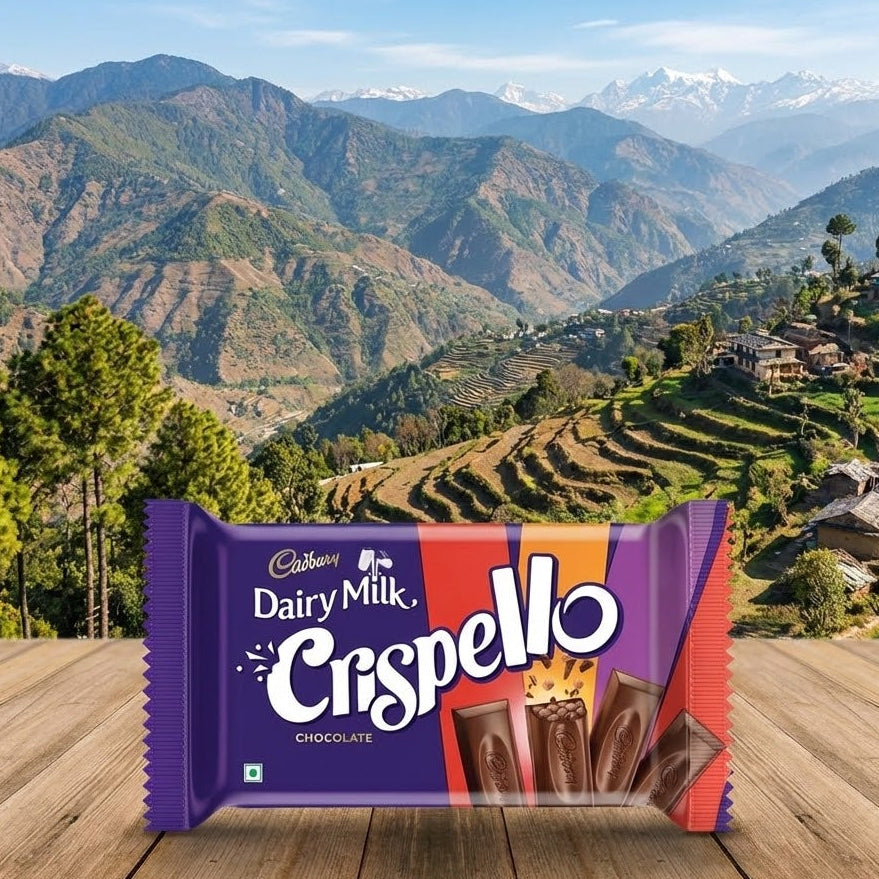 Cadbury Dairy Milk Crispello chocolate bar with a mountainous landscape in the background