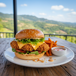 Crispy Chicken Cheese Burger by Moksha (क्रिस्पी चिकन चीज़ बर्गर)