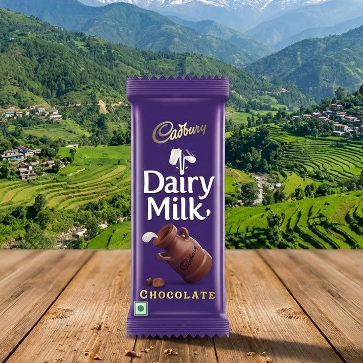 Cadbury Dairy Milk chocolate bar on a wooden surface with a scenic mountain landscape in the background