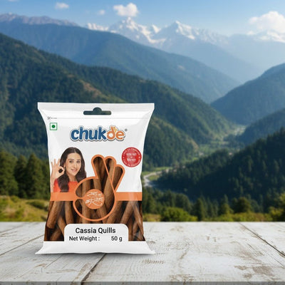 Package of chukde Cassia Quills with a scenic mountain background