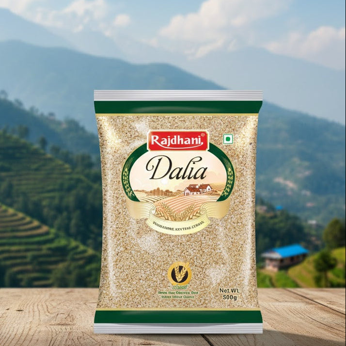 Rajdhani Dalia package on a wooden surface with a mountainous landscape in the background