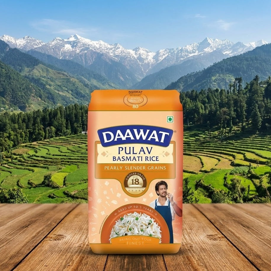 Daawat Pulav Basmati Rice package with a scenic background of mountains and fields.