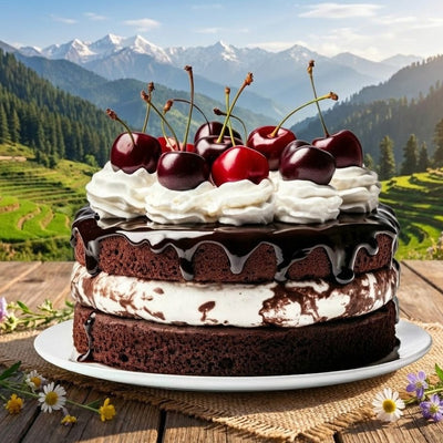 Chocolate cake with whipped cream and cherries on a wooden table with a mountainous landscape in the background