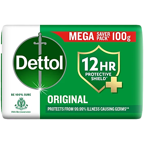 Dettol soap bar with green and white packaging, featuring the Dettol logo and text about protective shield and germs.