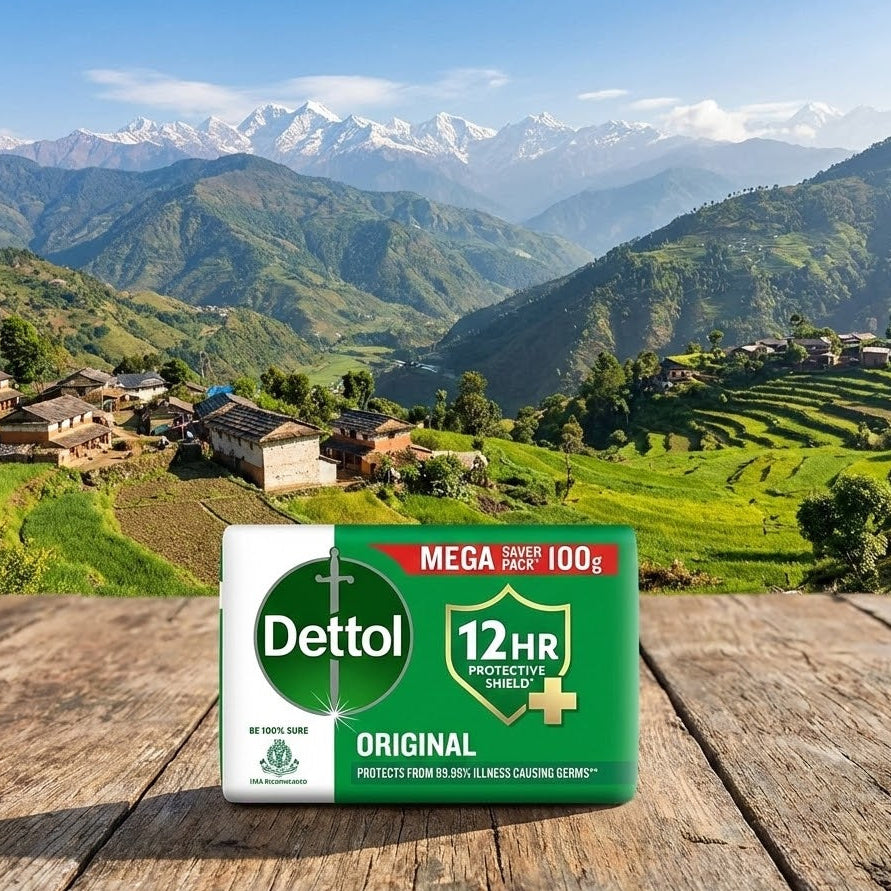 Dettol soap bar with a scenic mountain landscape in the background