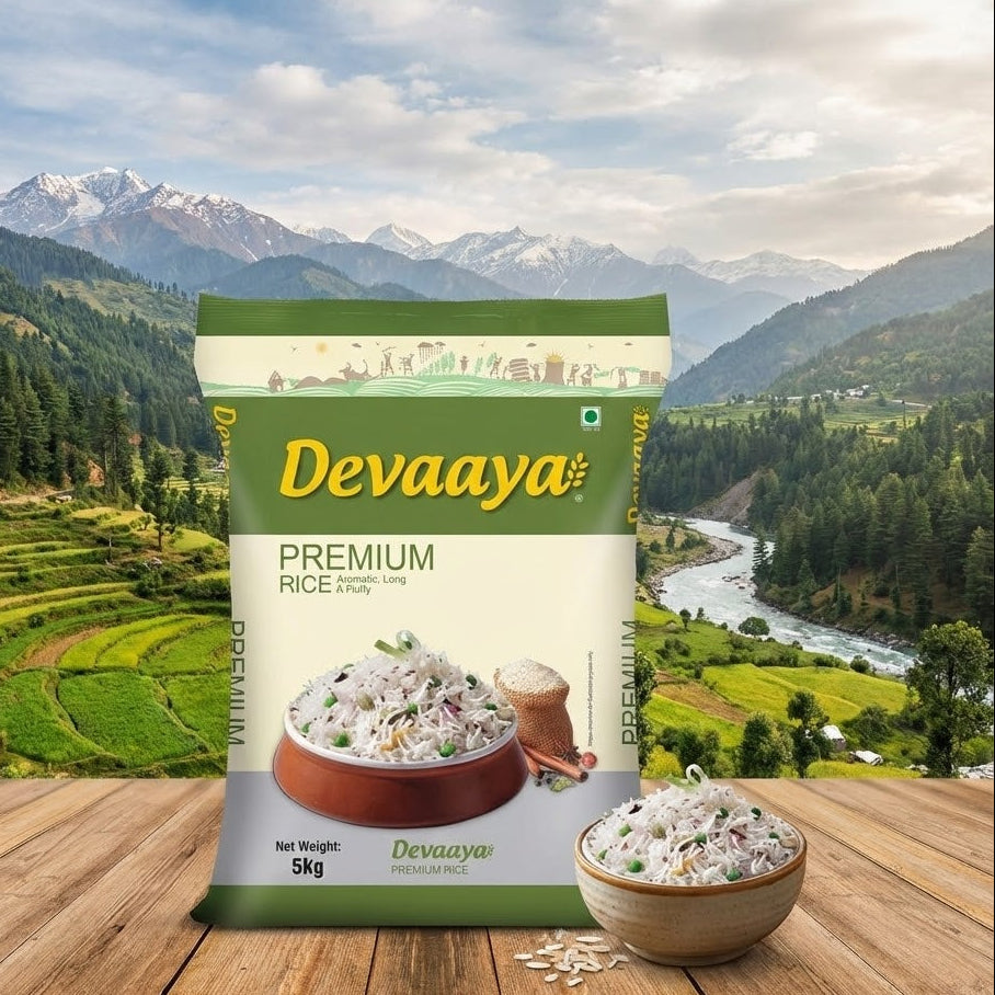 Devaaya Premium Rice package with a scenic background of mountains and river.