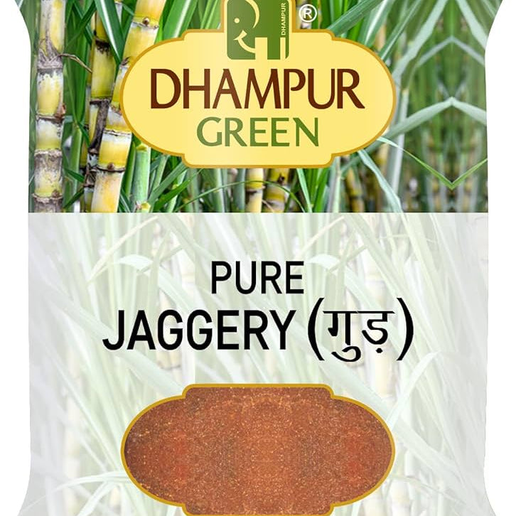 Dhampur Green pure jaggery package with green background