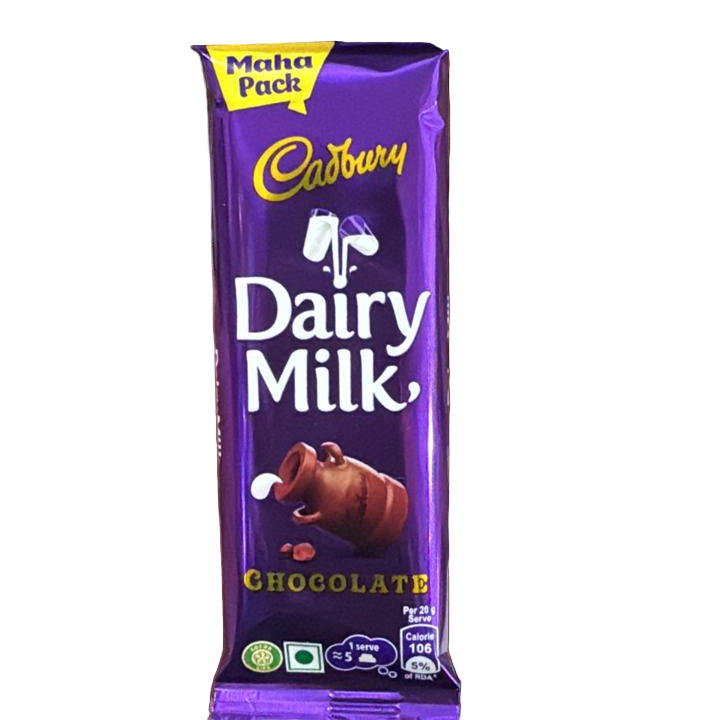 Hand holding a Cadbury Dairy Milk chocolate bar with a colorful background