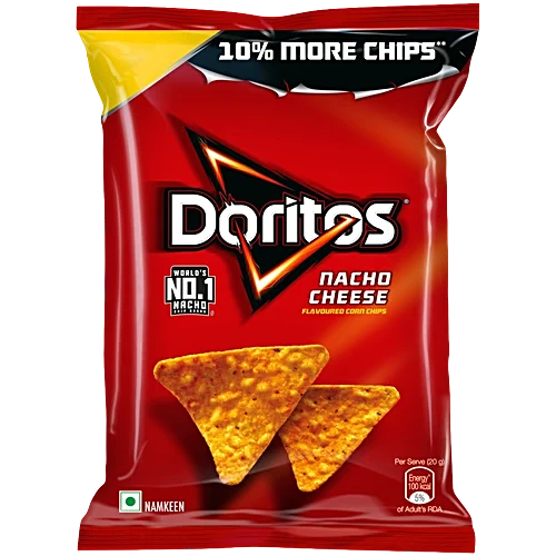 Doritos Nacho Cheese corn chips packaging on a white background