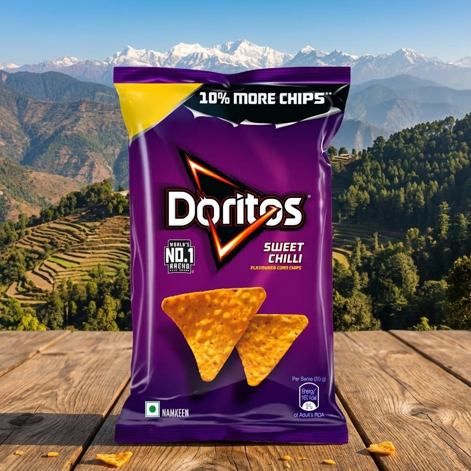 Purple bag of Doritos Sweet Chilli chips with mountains in the background