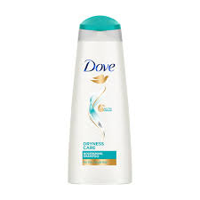 Dove shampoo bottle with blue cap on a white background