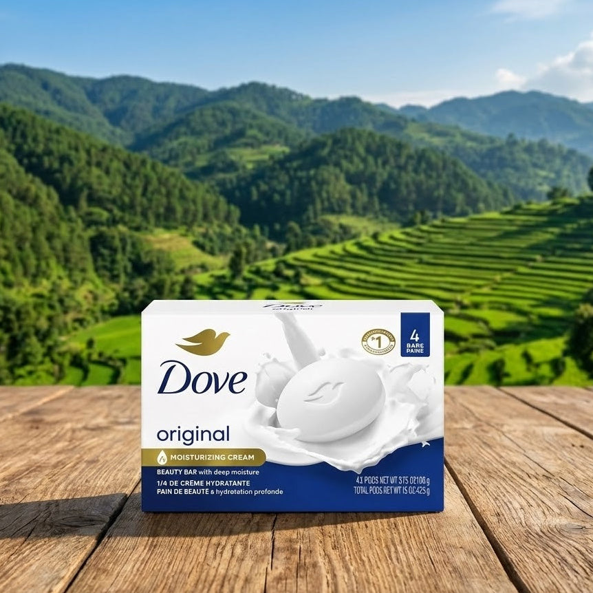 Dove soap packaging on a wooden surface with a scenic mountain background