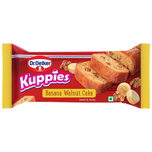 Dr. Oetker Kuppies Banana Walnut Cake packaging on a white background