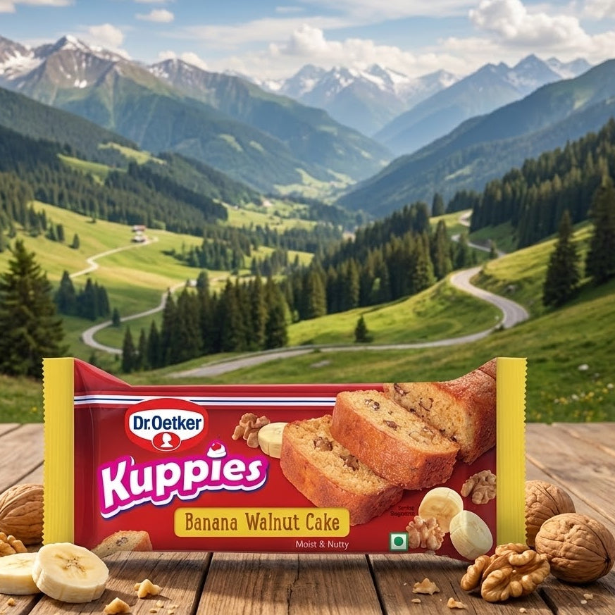 Dr. Oetker Kuppies Banana Walnut Cake package on a wooden surface with a scenic mountain backdrop