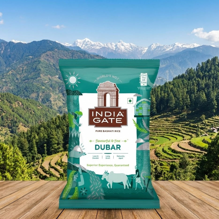 India Gate Dubar rice package with a scenic mountain background