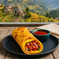 Rolled wrap with a side of sauce on a plate, with a scenic mountain view through a window in the background.