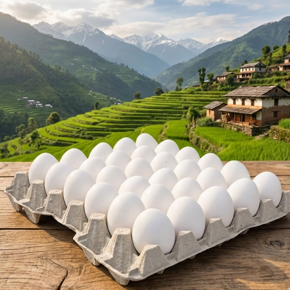 Carton of eggs on a wooden surface with a scenic background of mountains and terraced fields.