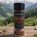 Davidoff Espresso 57 instant coffee jar with a mountainous landscape in the background