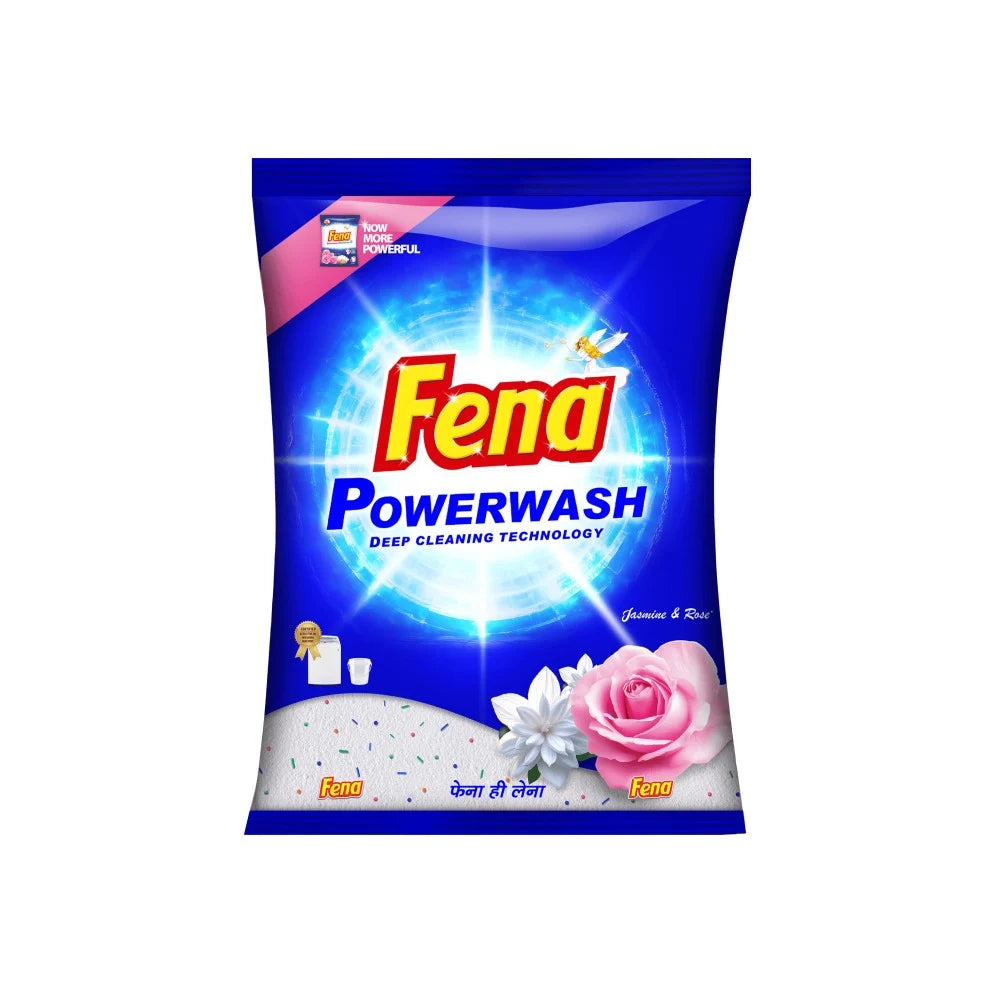 Fena Powerwash detergent packaging with a blue background and rose design.