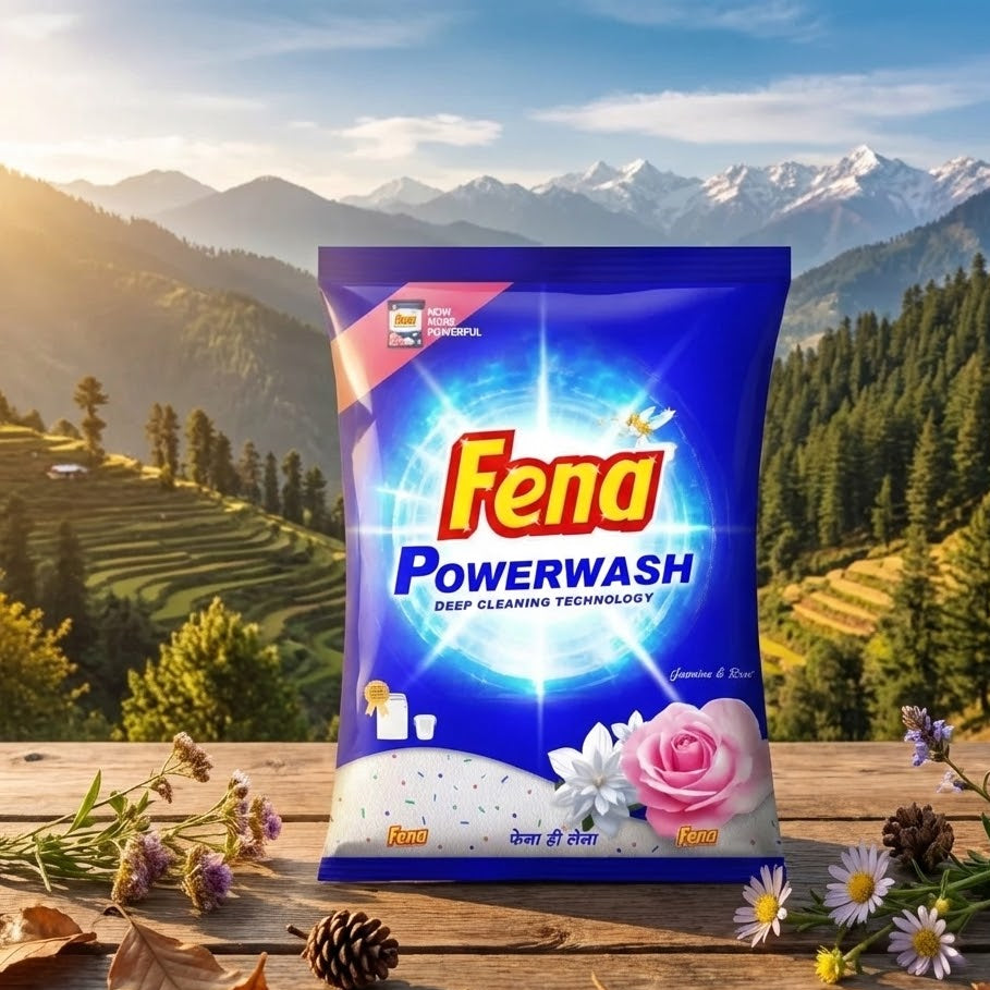 Fena Powerwash detergent packet with a scenic background of mountains and trees.